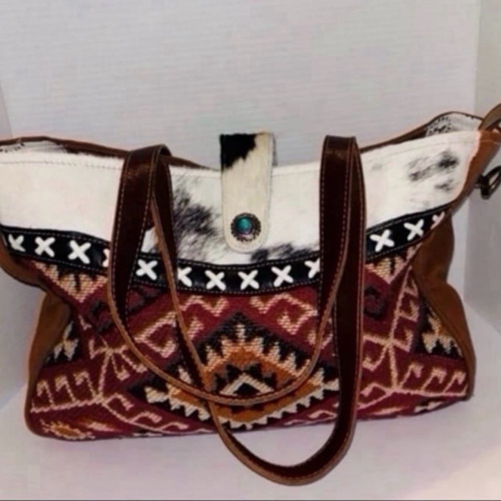 Myra bag  Leather and Cowhide Tote Bag purse in Brown and White Aztec design